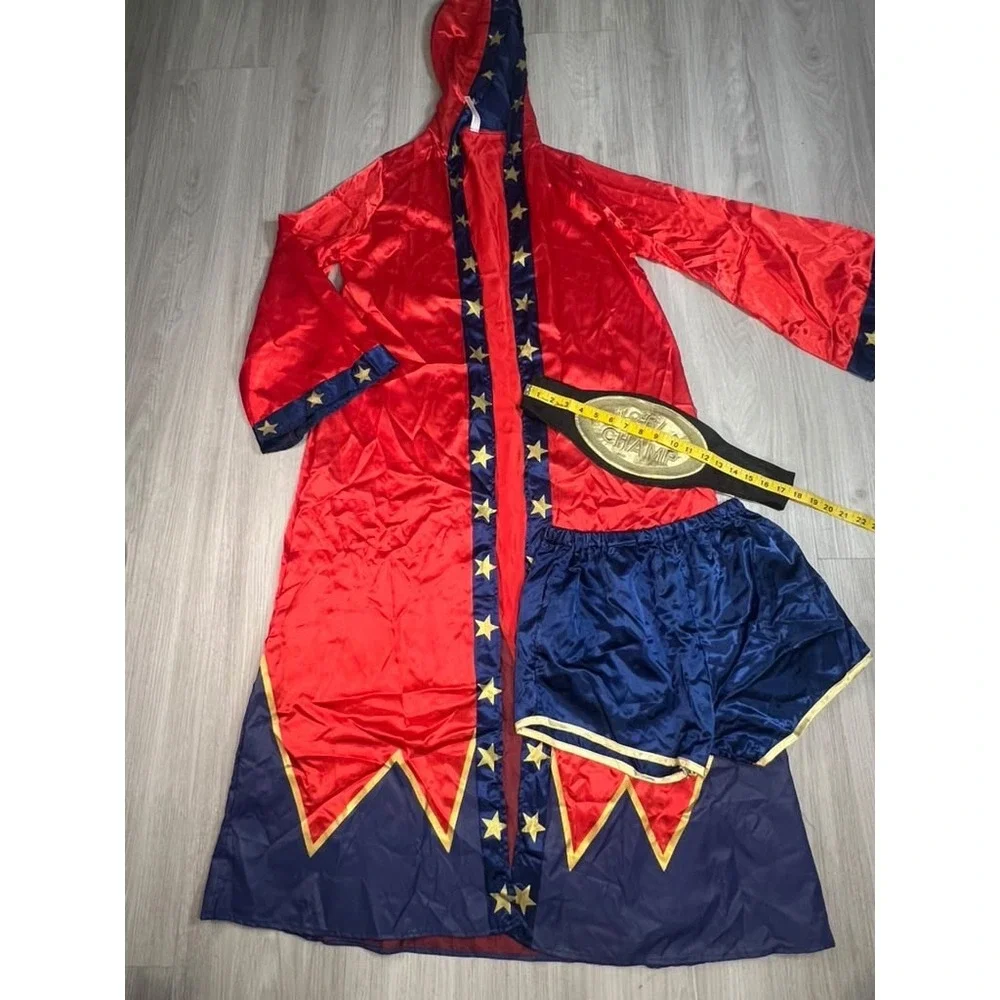 Womens Boxing Champion Costume Set Red Blue Satin Robe Shorts World Champ Belt